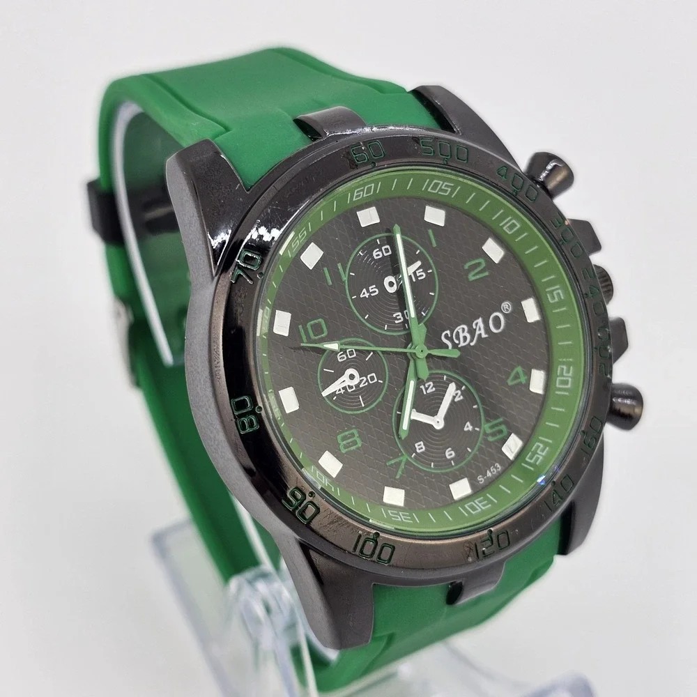Men's Analog‎ Watch 45MM Black Dial Green Plastic Bands New Battery